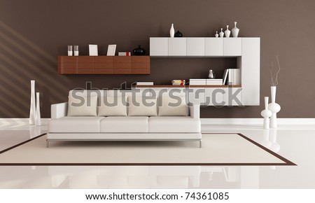 brown and white elegant modern living room - rendering
