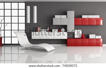 modern living room with fashion armchair and minimalist  bookcase - rendering