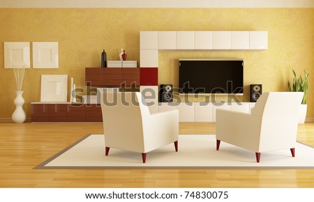 elegant living room with flat tv - rendering