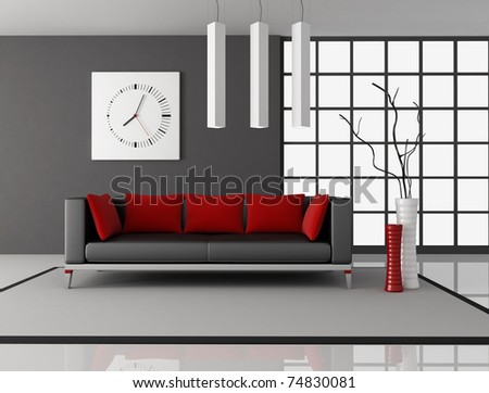 black and red living room with leather couch witth pillow - rendering