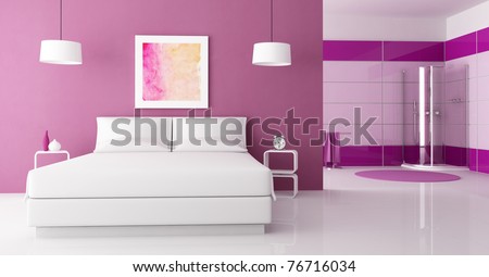 purple bedroom with white double bed and  cabin shower-rendering