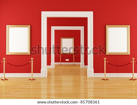 golden empty frame in a red  museum with barrier rope - rendering