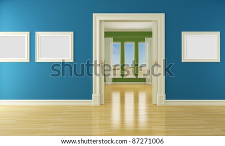 Blue and green interior with open classic sliding door and windows- rendering