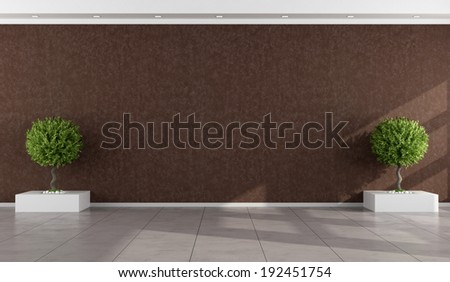 Empty room with stucco wall brown and two indoor plants - rendering