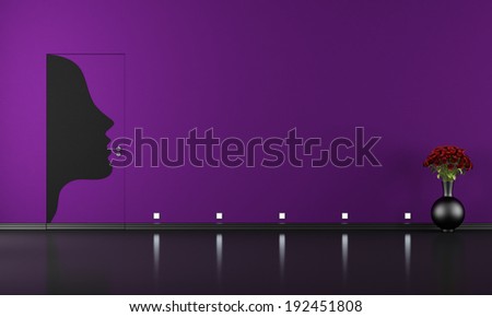 Empty purple room with face of woman painted on closed door - rendering
