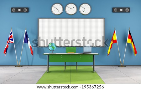 Classroom of a language school with teacher\'s desk and flags - rendering