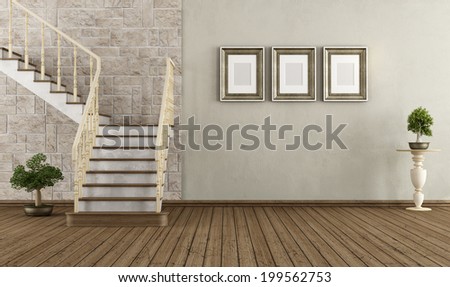 Retro room with wooden staircase - rendering