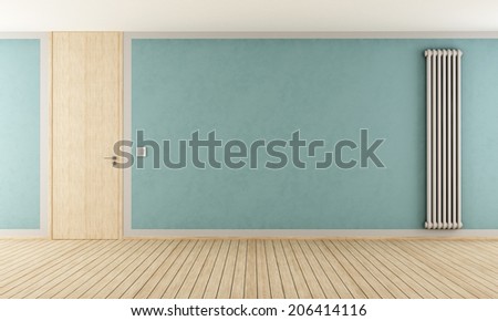 Blue empty room with door full height and vertical radiator - rendering