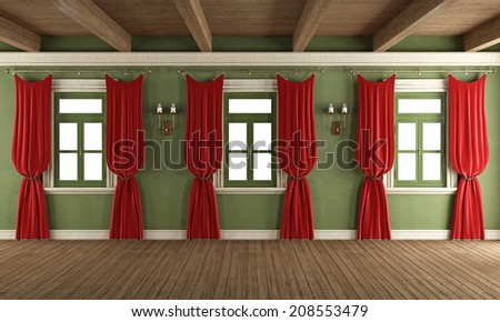 Retro room with three windows and curtains - rendering