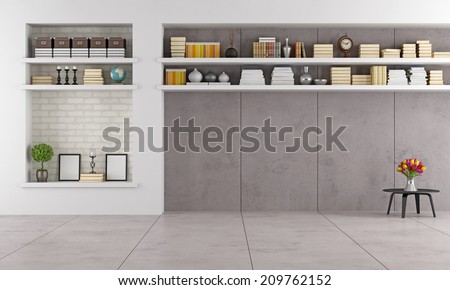 modern living room wit niche and shelves without furniture - rendering