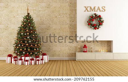 Christmas lounge with fireplace and tree with gift - rendering