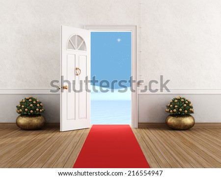 White home entrance with open door,little christmas tree and red carpet - rendering