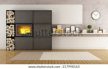 Minimalist iron fireplace in a contemporary living room - rendering