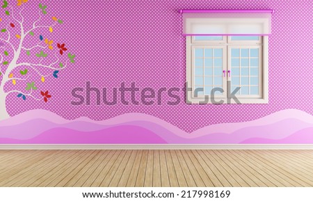 Pink room for girl with window and decoration on wall - rendering