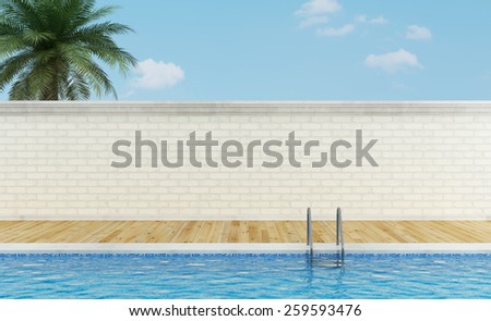 Outdoor swimming pool with white brick wall and wooden floor without furniture - 3D Rendering