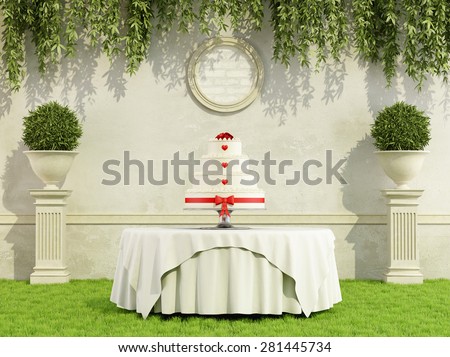 Wedding cake on round table in a elegant garden - 3D Rendering