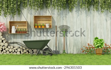 Tools for gardening in a garden with  old wooden fence-3d rendering