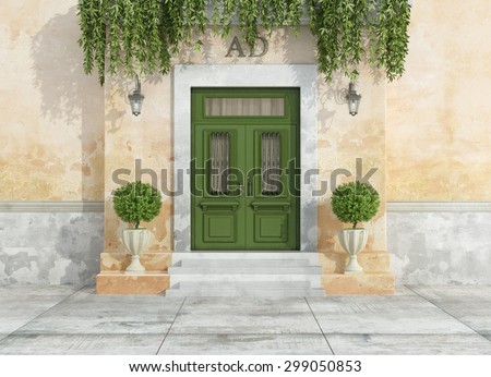 Entrance of a country house with green classic front door - 3D Rendering
