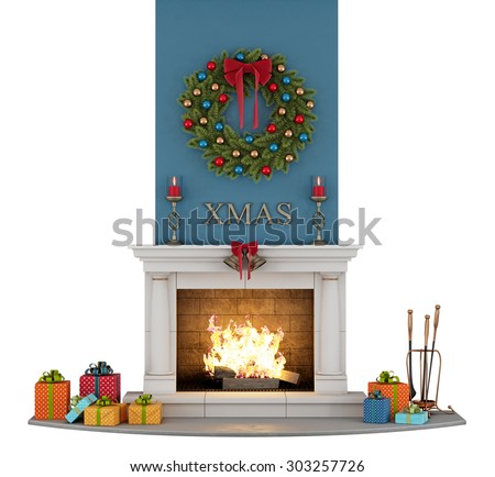 traditional fireplace with christmas decorations isolated on white - 3D Rendering