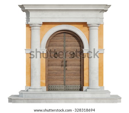 Front view of a classic portal in tuscany order  with wooden door isolated on white - 3D Rendering