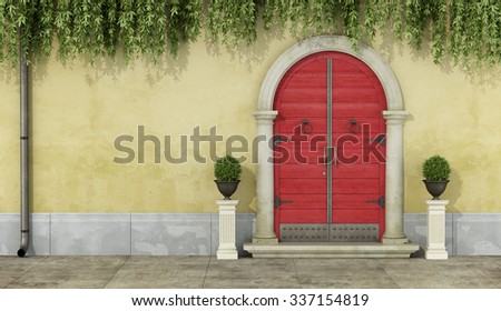 Classic facade with red doorway and stone portal - 3D Rendering