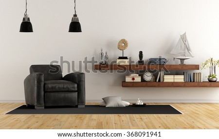 Retro vintage living room with leather armchair and wooden shelves with books and decor objects - 3D Rendering