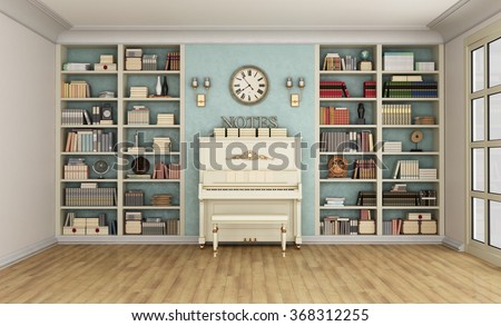 Luxury living room with large bookcase full of books  and upright  piano - 3D Rendering