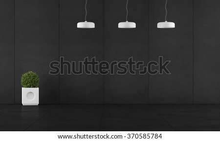 Black room with wall blackboard paneling,chandeliers and plant - 3D Rendering