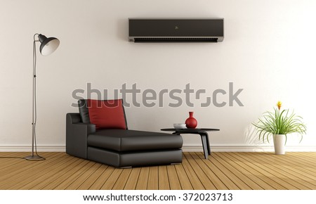 Minimalist living room with couch and air conditioner  on wall - 3D Rendering