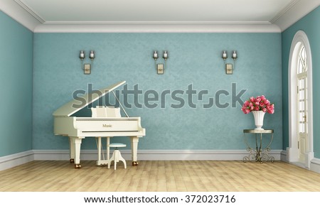 Music room in classic style with blue wall and white grand piano - 3D Rendering