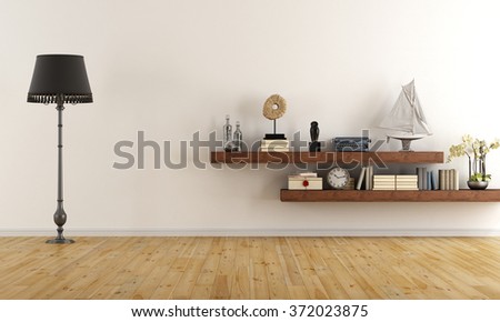 Retro vintage living room with  wooden shelves with books and decor objects - 3D Rendering