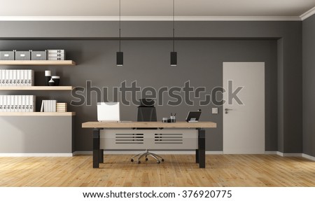 Contemporary office  with minimalist desk,closed door and shelves with binder - 3d Rendering
