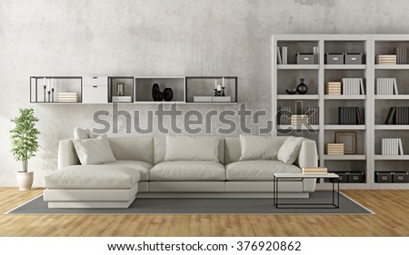 Contemporary white living room with sofa, bookcase and sideboard on concrete wall - 3D Rendering