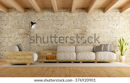 Modern living room with pallet sofa,stone wall and wooden ceiling - 3D Rendering