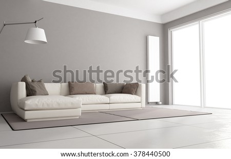 Minimalist living room with elegant sofa, floor lamp and large window - 3D Rendering