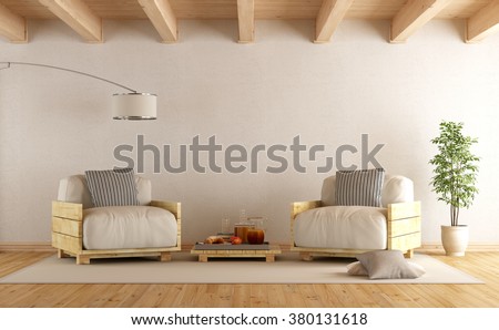 Modern living room with pallet armchairs and coffee table - 3D Rendering
