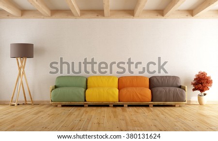 White living room with colorful pallet sofa and wodden ceiling - 3D Rendering