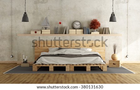 Bedroom with concrete wall, pallett bed and vintage objects on shelf - 3D Rendering