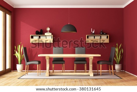 Red dining room with rustic table and modern chair - 3D Rendering
