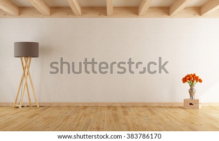 Empty withe room  with wooden beams,parquet,floor lamp and flowers- 3D Rendering