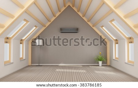 Modern attic without furniture and black air-conditioner on wall - 3D rendering