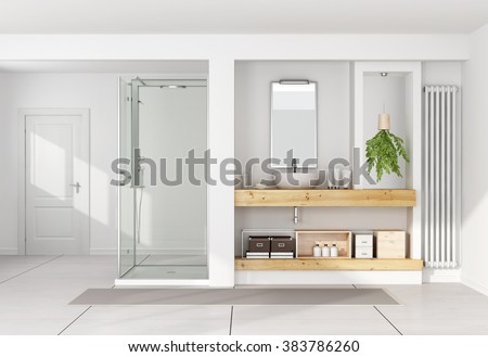 Contemporary white bathroom with washbasin on wooden shelf and shower - 3D Rendering
