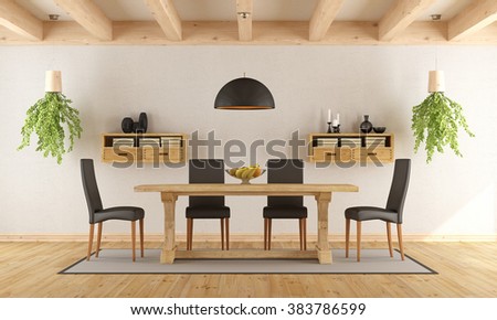 White dining room with rustic table and modern chair - 3D Rendering