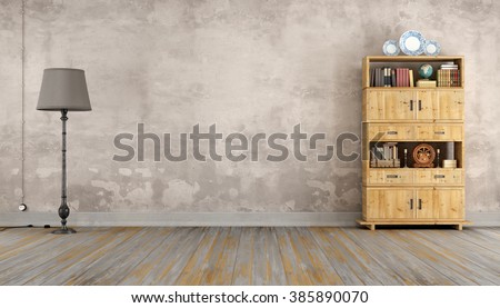 Retro room with wooden bookcase and floor lamp - 3D Rendering