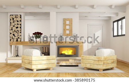 Rustic room with fireplace and two pallet armchair - 3D Rendering