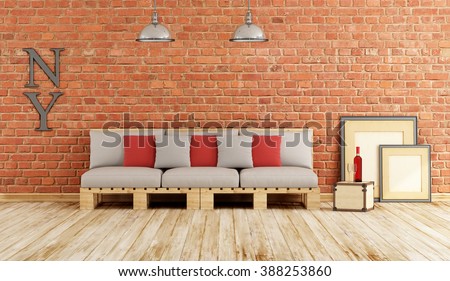 Living room with pallet sofa on old wooden floor and brick wall - 3D Rendering
