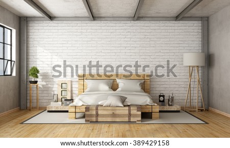 Wooden double bed in loft with brick wall and iron beams - 3D Rendering