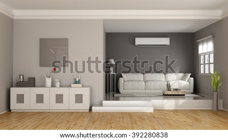 Two levels modern living room with sofa , sideboard and air conditioner- 3D Rendering