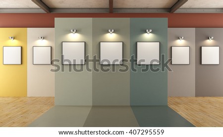 Contemporary art gallery with colorful panels and blank frame - 3d rendering