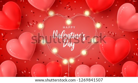 Happy Valentine's Day holiday banner. Vector illustration with 3d red and pink air balloons, red serpentine and confetti, glowing garlands with bulbs in the shape of hearts.